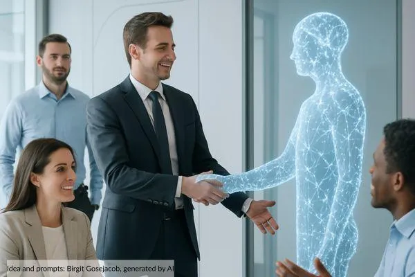 Team welcomes AI, represented as human-shaped neural network