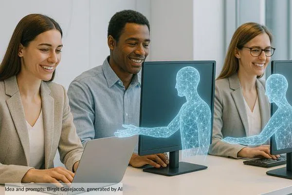 Team working on laptops. AI represented as human-shaped neural network is friendly reaching out of the screens to assist.