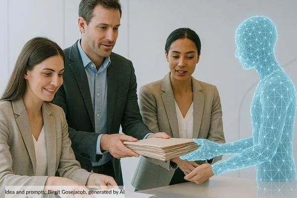 Team handing neatly organized files representing clean, structured data to an AI represented as human-shaped neural network