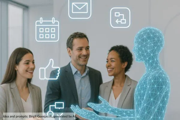 Team with an AI, represented by a human shaped neural network, juggling tasks, represented by icons such as calendar, workflows, email, etc.