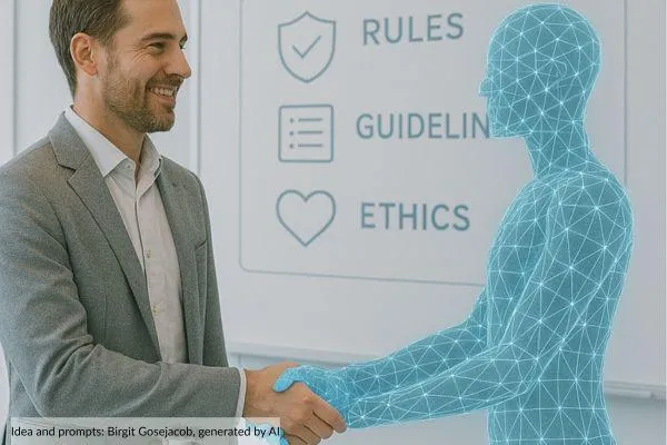 Manager shakes hands with an AI, represented by a human shaped neural network in front of a board showing rules, guidelines, ethics 