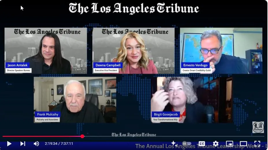 Screenshot featuring AI Panel durng Los Angeles TribuneLeadership Week 2025 hosted by Jason Antelek, panelists Dawna Campbell, Ernesto Verdugo, Frank Mulcahy, Birgit Gosejacob