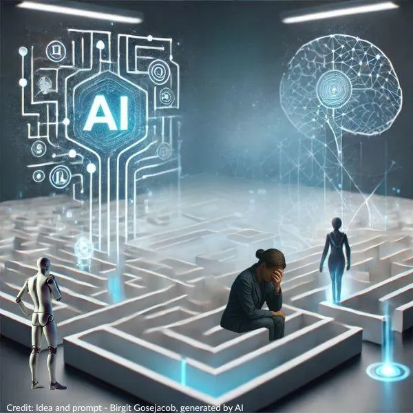 AI overwhelm. business woman lost in a labyrint with AI symbols and A-humanoids