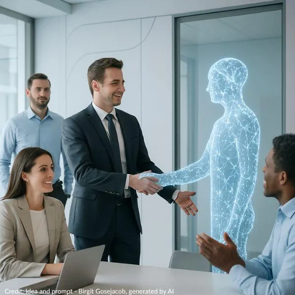 Manager and team welcome AI represented as neural network in human shape as a collaborator