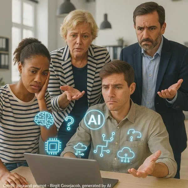 Team appearing lost in front of a laptop with several icons representing AI