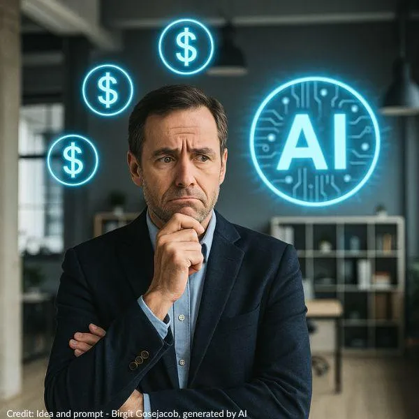 Manaer with thoughful expression surrounded by icons for AI and currency