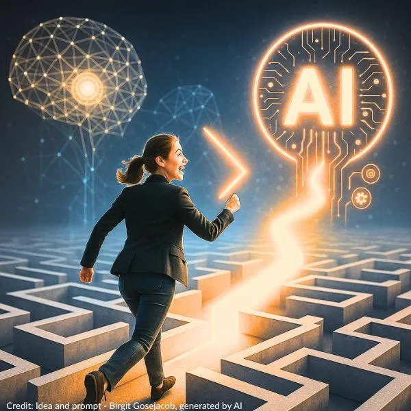AI roadmap - buinesswoman running happily along a glowing path across the labyrinth towards ti AI