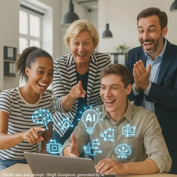 Team expressing happiness in front of laptop with vrious icon representing AI hovering,