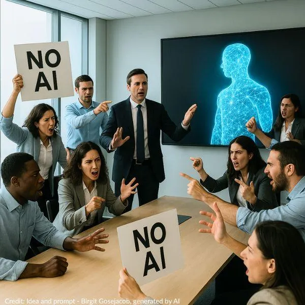 Manager showing scree with AI, the team is argung and protesting showing signs NO AI