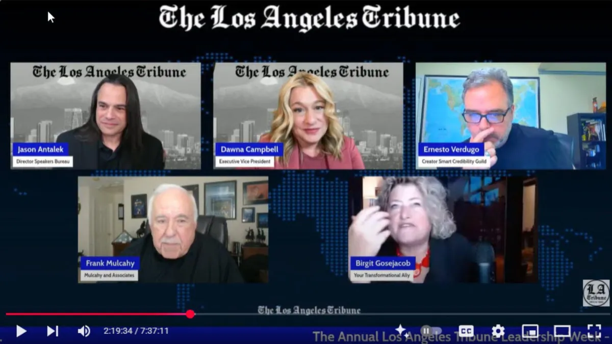Screensht AI panel of The Los Angeles Tribune eadersip Week May 2025 showing anelist Dawna Campbell, Ernesto Verdugo, Frank Mulcahay, Birgit Gosejacob and host Jason Antale