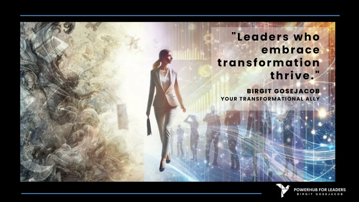 Businesswoman walking between the old world (dark and chaotic= and the new one (more colorful, people moving around freely) ih quote: Leaders who embrace transformation thrive, by Birgit Gosejacob