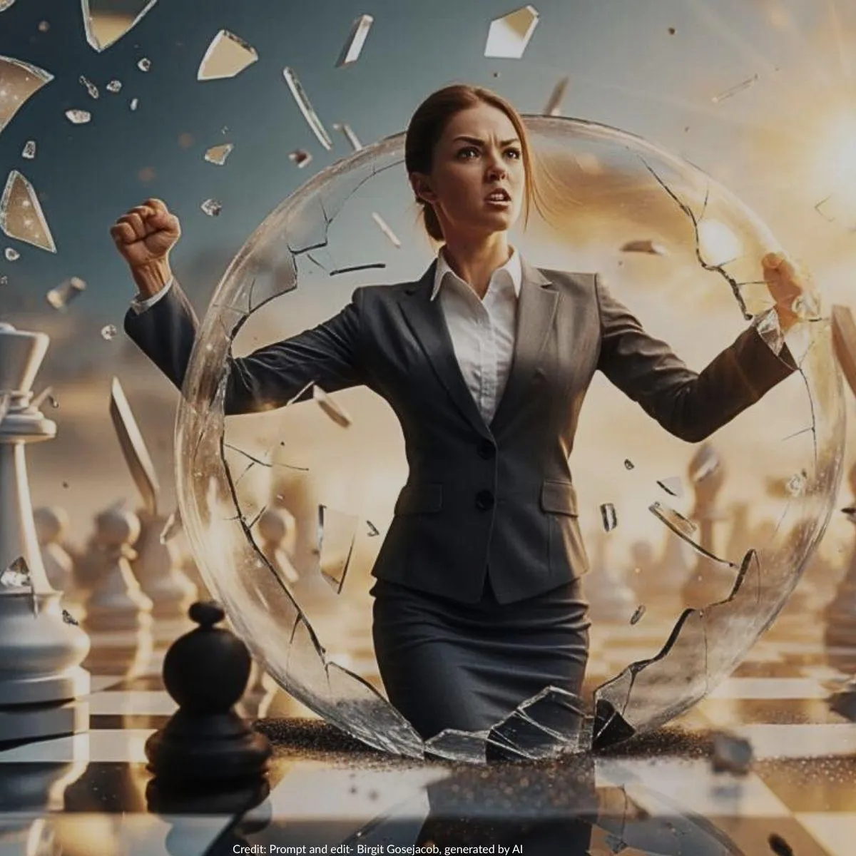 Image of professional business woman growing throuh a chessboard and shattering the bubble around her