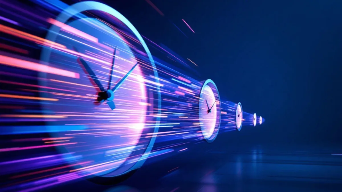 Header of Webinar How AI can help reclaim your time, showing clocks running like wheels. AI generated.