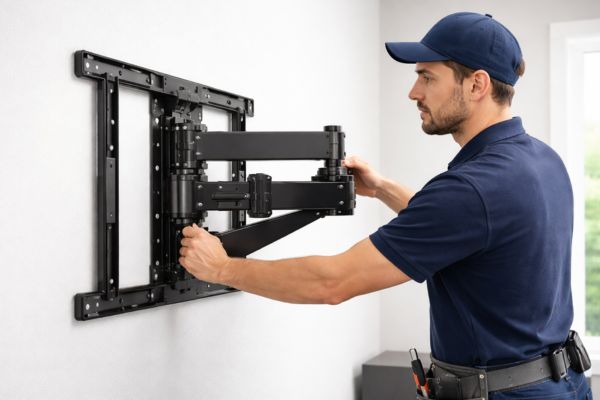 Different types of TV wall mounts including fixed, tilt, and full-motion mounts installed in a modern living room setup