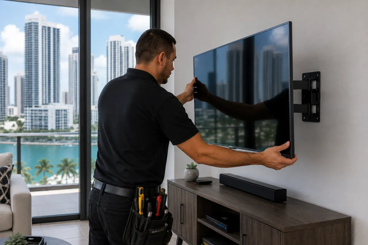 Professional TV installer mounting a flat-screen television on a living room wall in a modern Miami condo with city skyline views, illustrating expert TV mounting services in Miami.