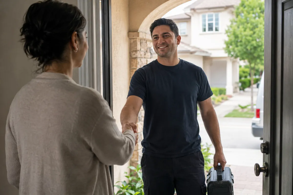 Homeowner greeting a professional TV mounting technician at the front door before a residential TV installation service appointment.