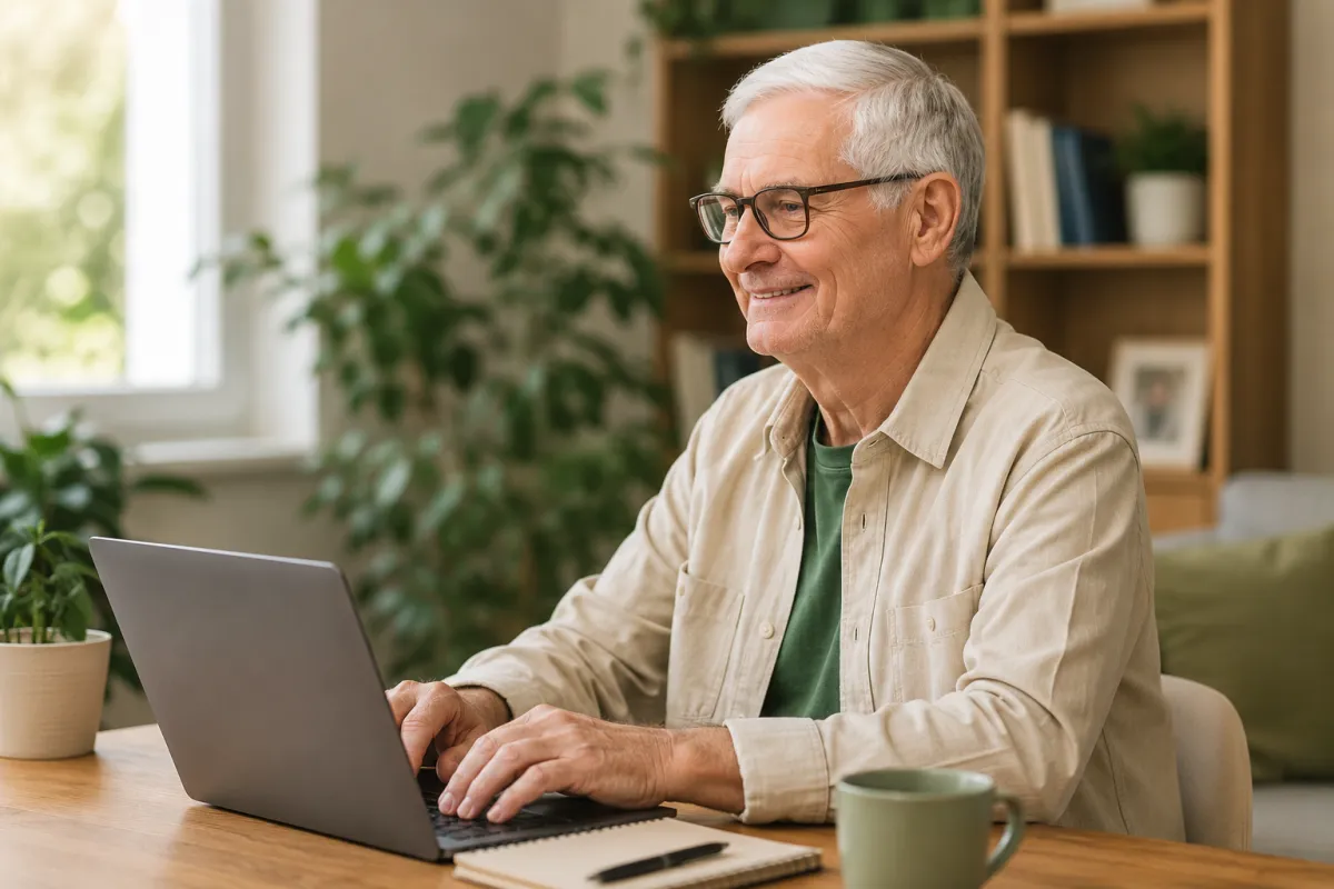 Elderly man smiling while using a laptop in a warm, plant-filled home environment, representing independence, connection, and technology-supported aging through CareBuddi.