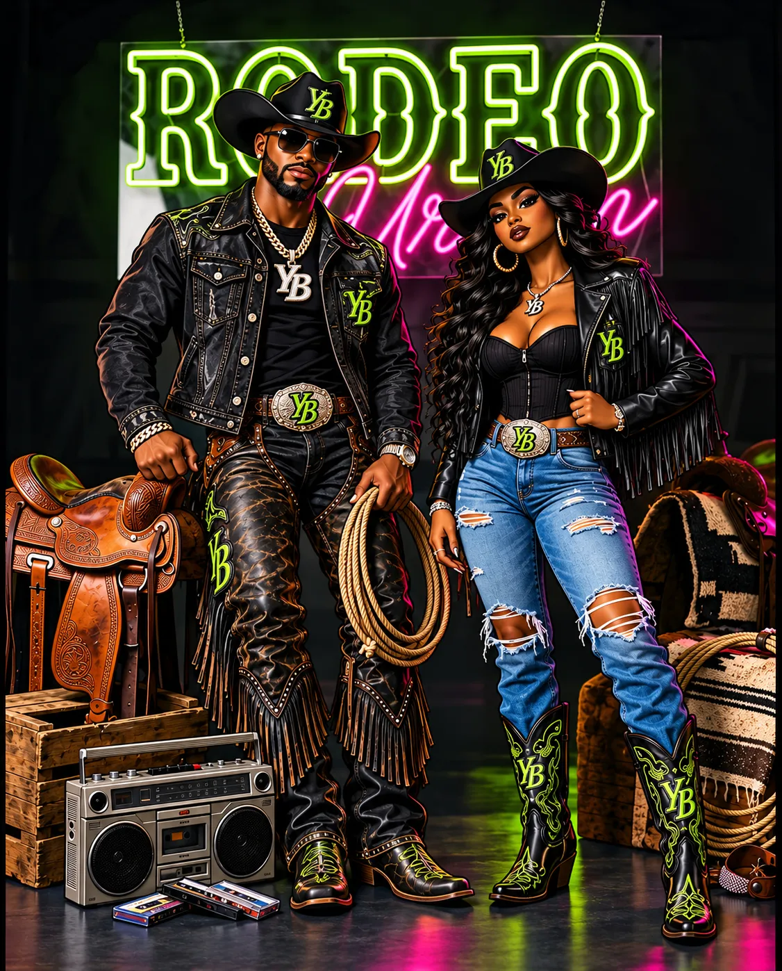 High-contrast composite visual fusing gritty Western rodeo heritage with modern urban streetwear aesthetic