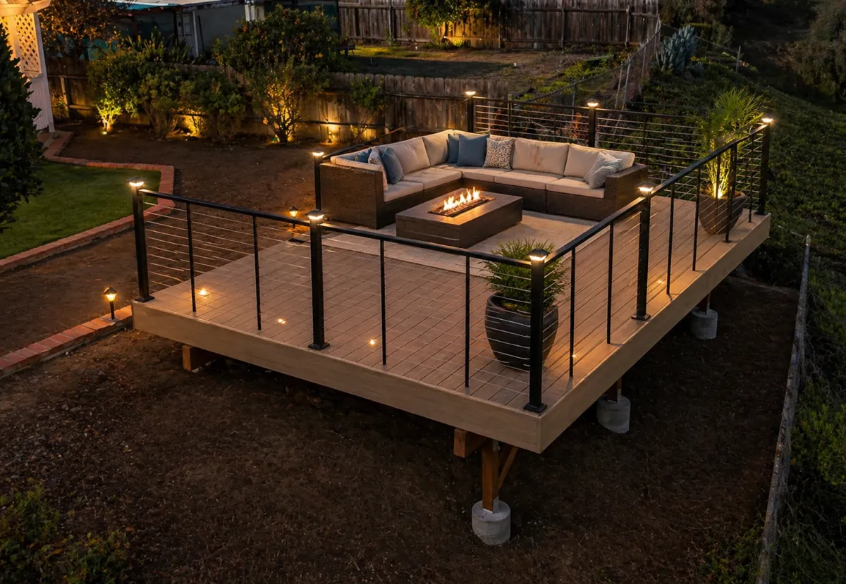 A wooden deck with wire cable railing