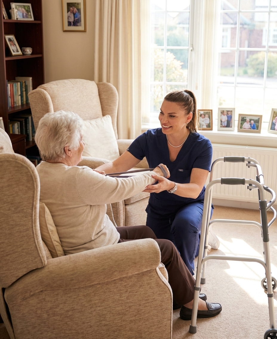 Physiotherapist providing compassionate care during a home visit in Essex
