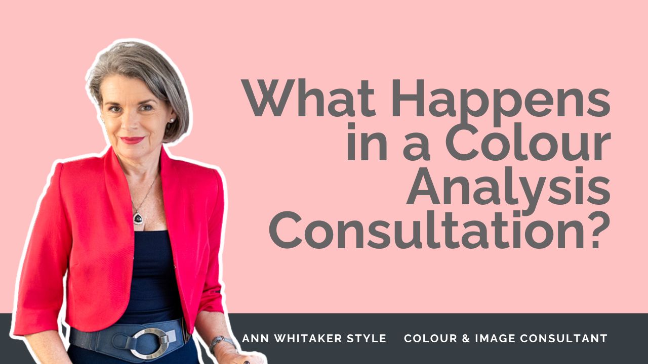 Brisbane's Premier Colour & Image Consultant Ann Whitaker wearing a red blazer and title text on the left side says "What Happens in a Colour Analysis Consultation?"