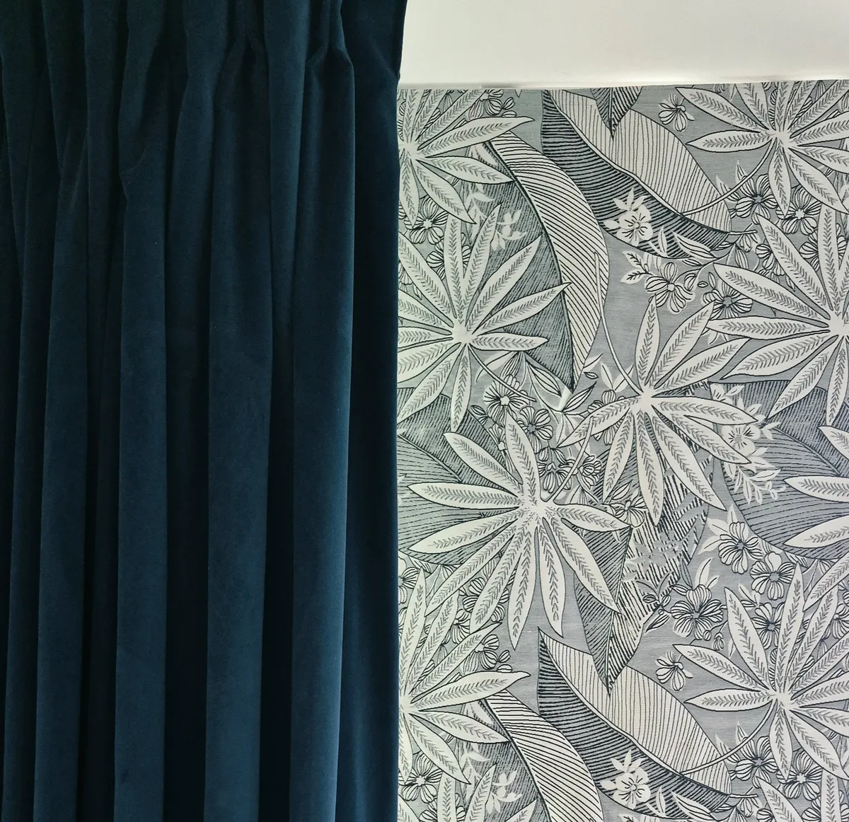 Made to measure deep green velvet curtains beside a patterned curtain fabric, Eclipse SBC serving Sleaford