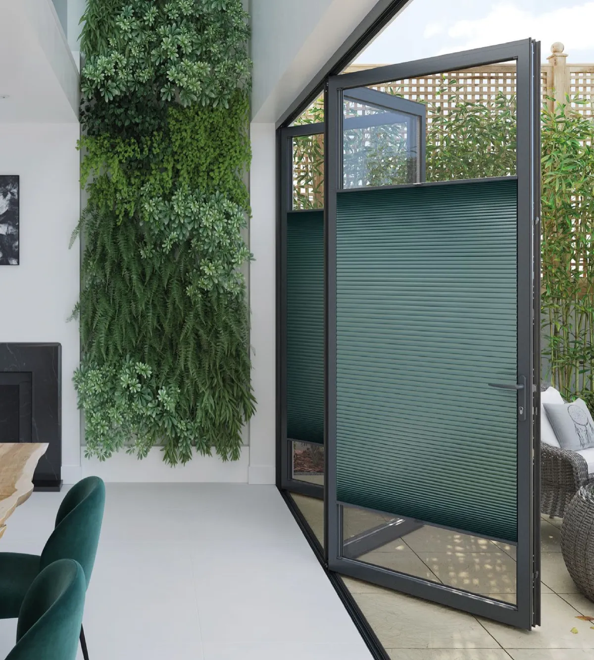 Green top down bottom up Fit to Frame pleated blinds on open bi-fold doors, Eclipse SBC serving Worksop