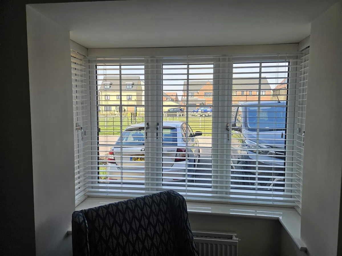 White wooden venetian blinds fitted across a bay window by Eclipse SBC in Southwell