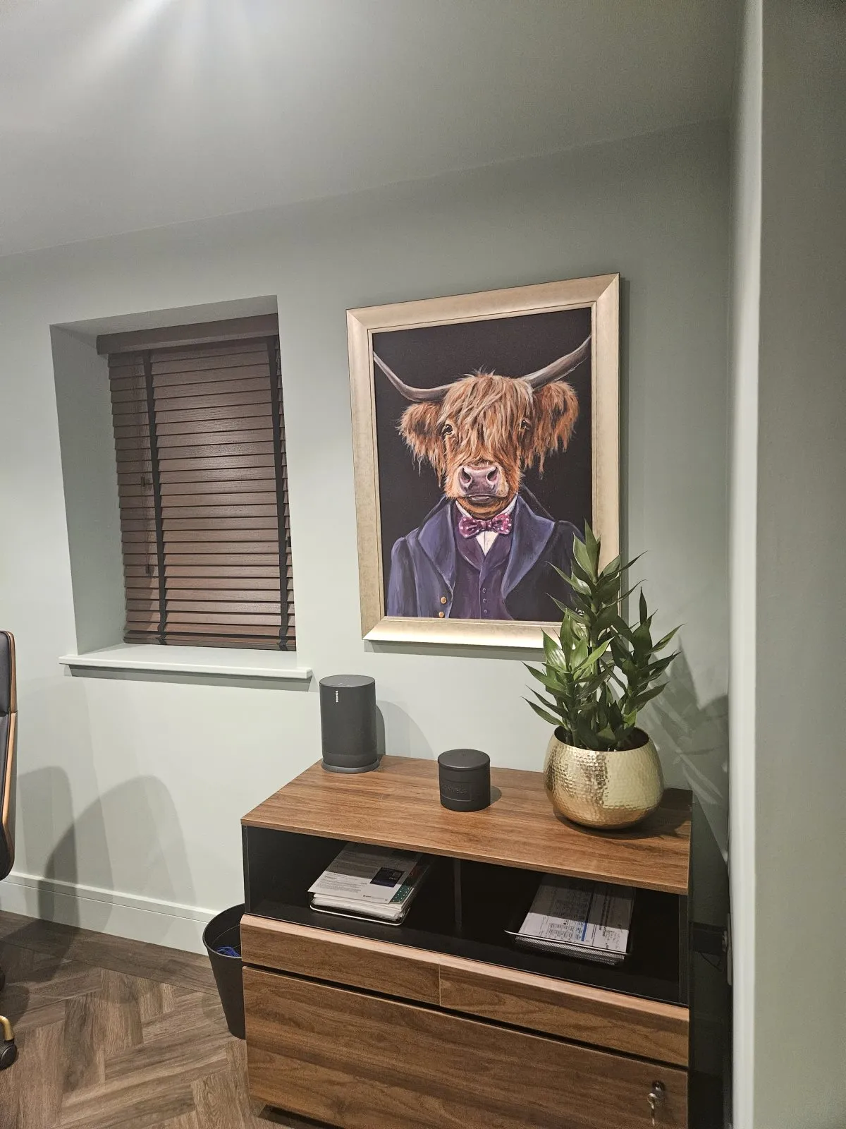 Walnut Venetian Blinds with Black Tapes in a Home Office near Bawtry