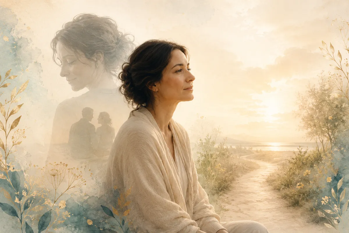 Woman looking out over the horizon with her hand on her heart 