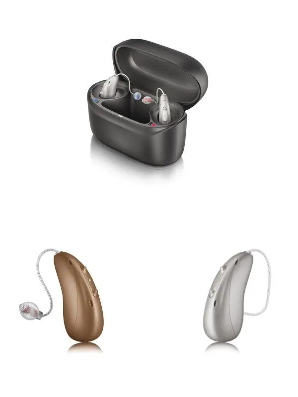 two unitron hearing aids and a charger
