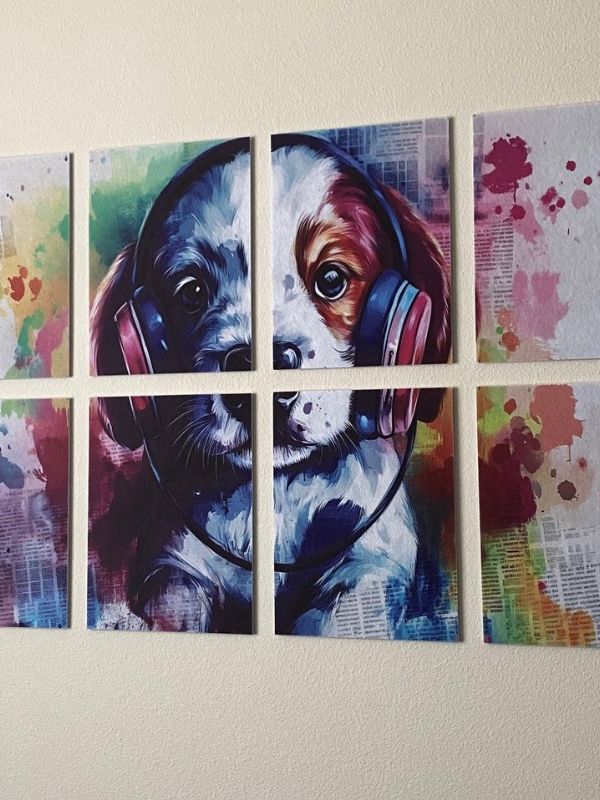 lobby art of a puppy wearing headphones