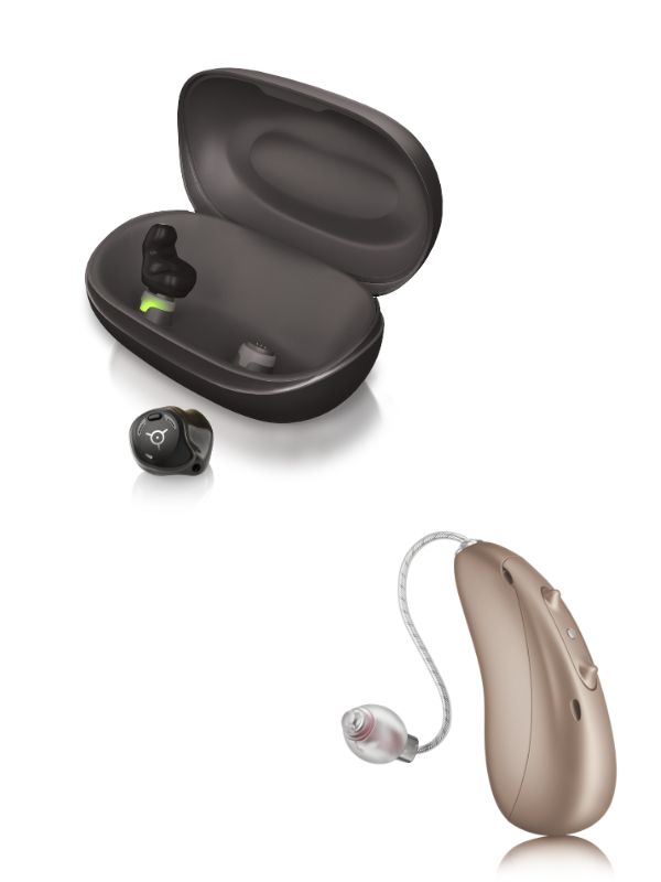 two unitron hearing aids and a charger