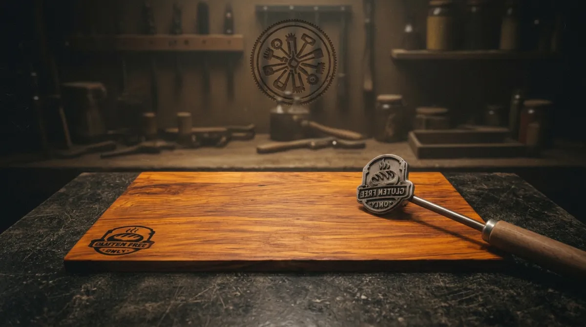 Example of a custom branded workshop logo burnt into a timber board