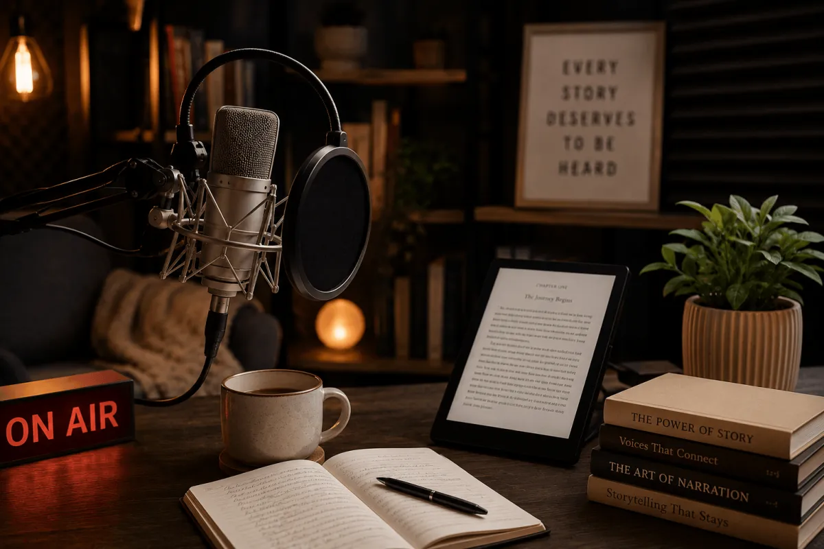 A warm, softly lit recording space representing quiet intelligence and reflective narration
