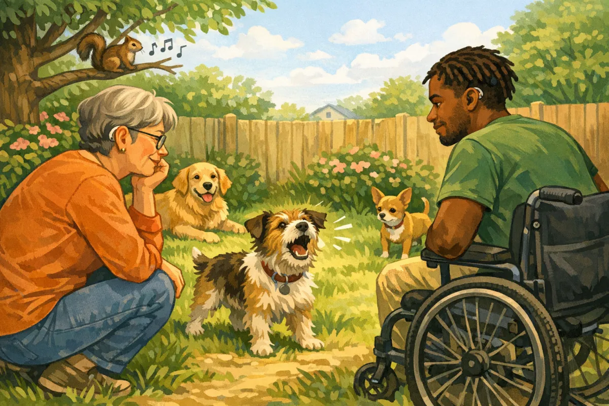 Two people calmly watch as a small mutt dog barks at a person in a wheelchair