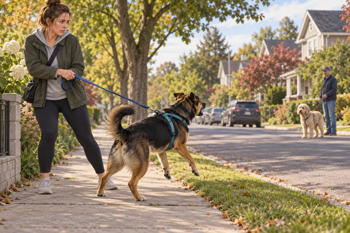Brindle mixed-breed dog and guardian turning down a sidewalk while another dog and person walk across the street.