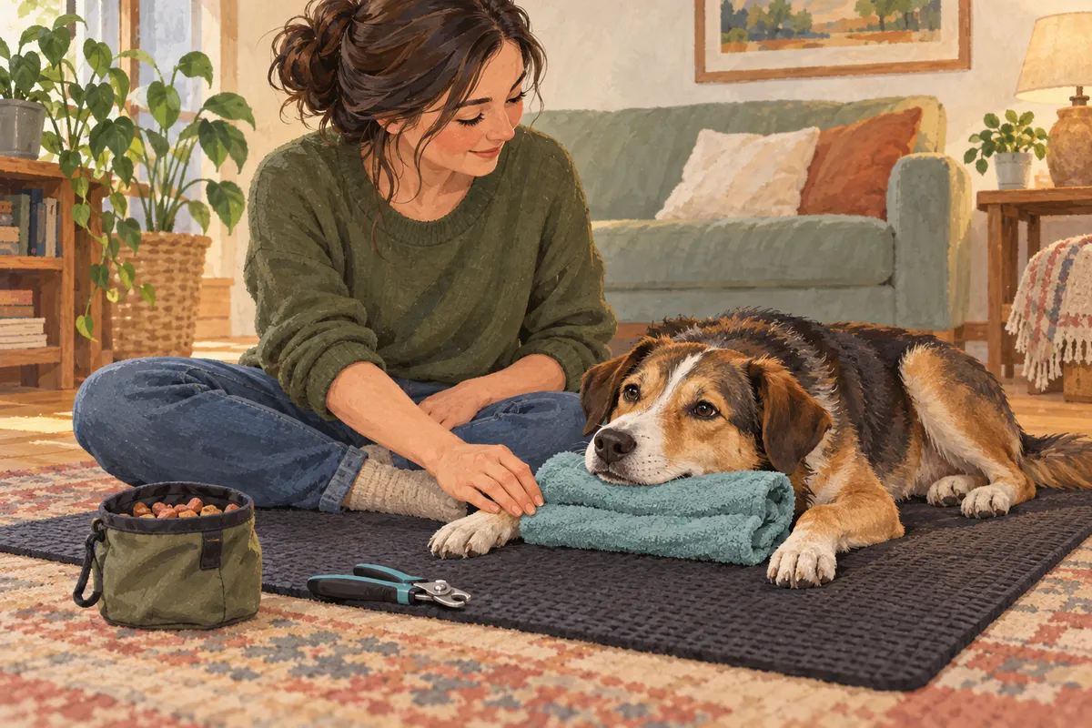A relaxed dog rests its chin on a folded towel while a guardian gently touches its front leg, with treats and nail clippers nearby.