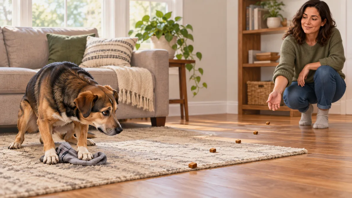 Image of a dog hovering over a resource and a human at a distance tossing treats