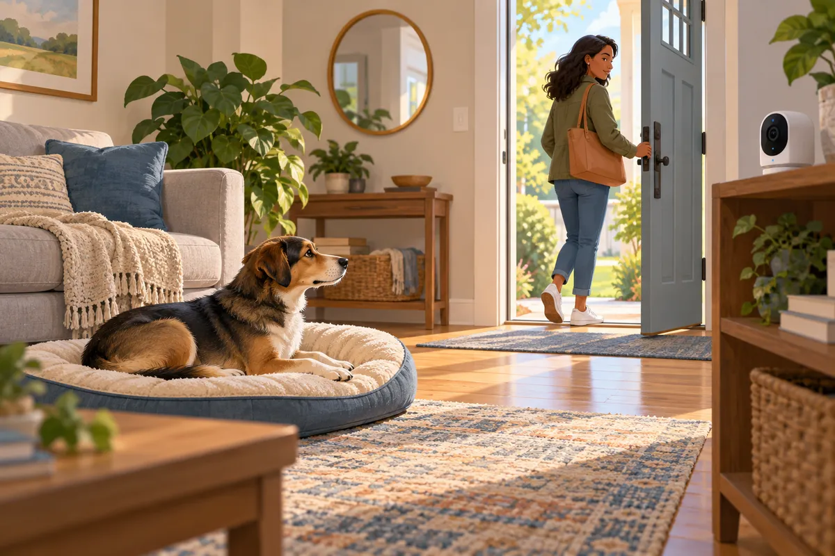 A dog rests calmly on a bed while one guardian walks out the front door.