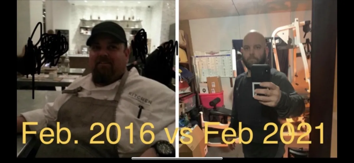 Matt Maycumber before and after losing 210 pounds — from over 360 lbs down to 150 lbs through diet and exercise, Oklahoma City pastor