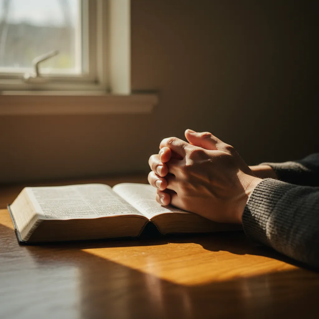 Soft light falling through a window onto an open Bible and folded hands on a wooden table in early morning