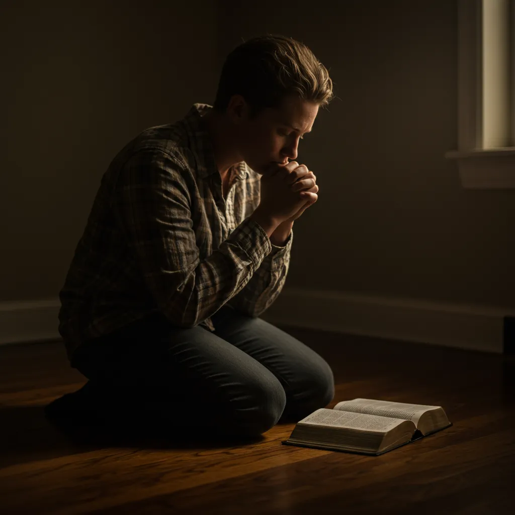 Person kneeling in prayer in a quiet room with dim light, open Bible nearby on a wooden floor