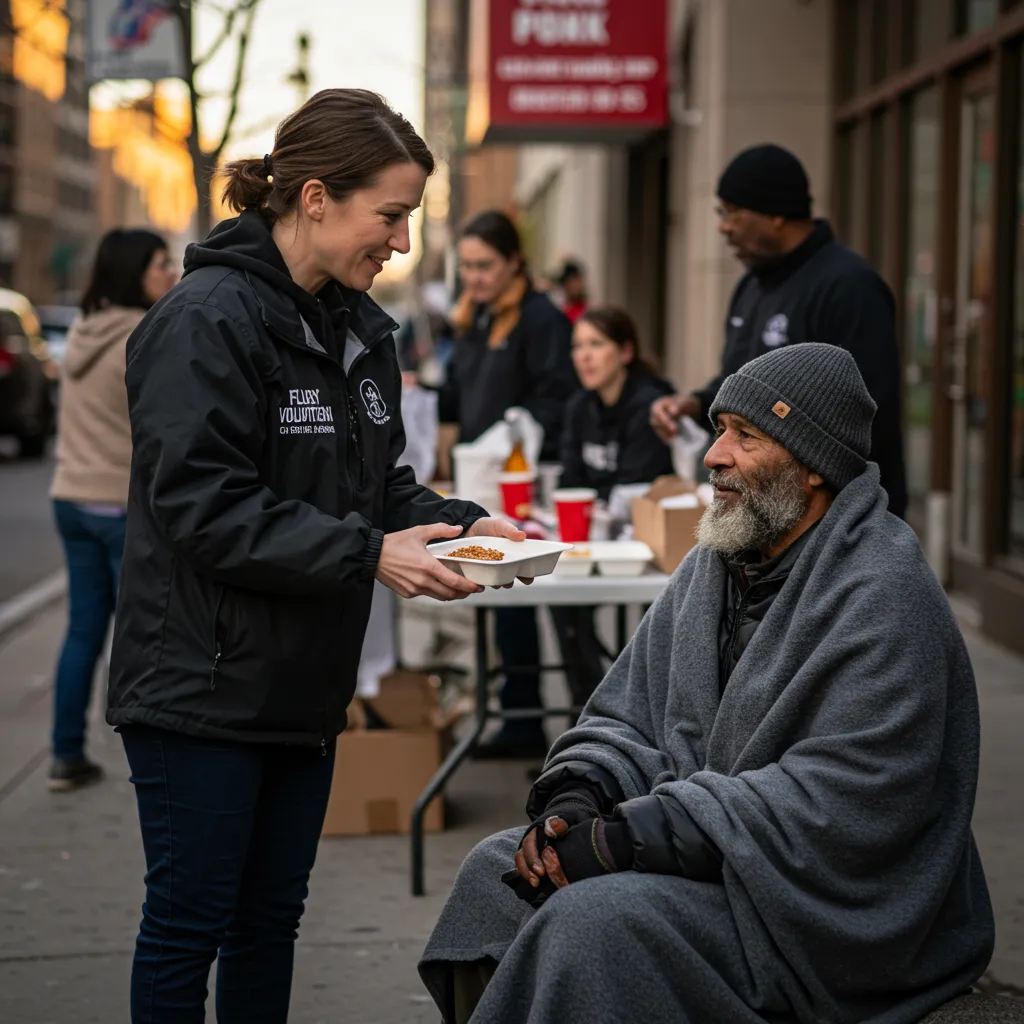 Ministry volunteer sharing a meal with a homeless man on a city sidewalk during an outreach event