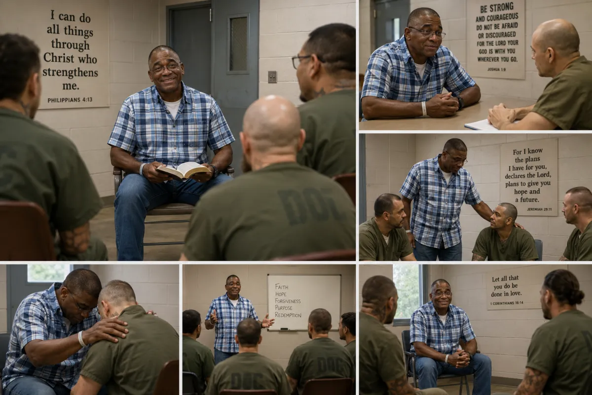 Quinton Hunter leading prison ministry classes, mentoring inmates, teaching addiction recovery, offering prayer, spiritual guidance, life coaching, and encouragement inside correctional facilities