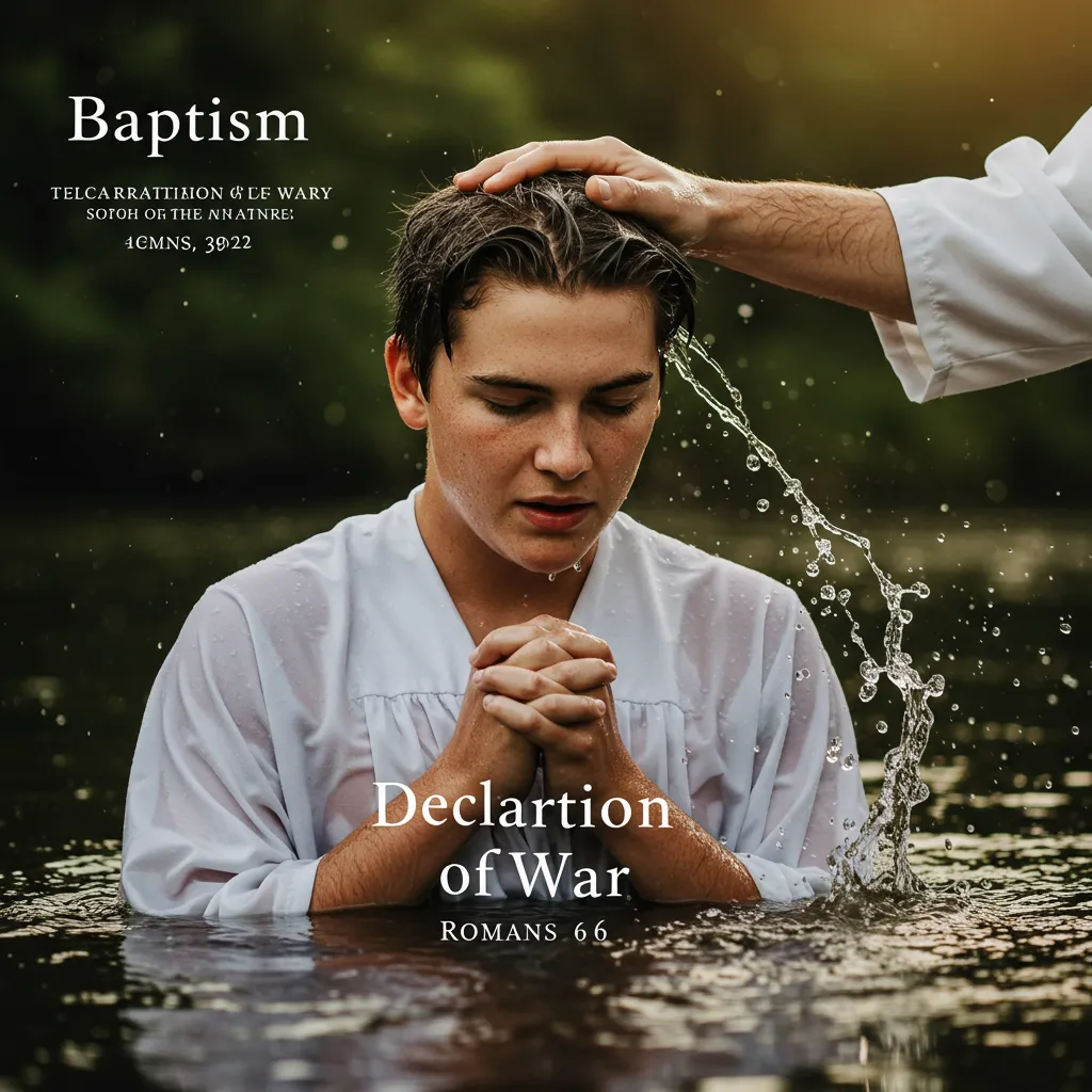 A new believer being baptized by immersion in water with arms lifted in surrender