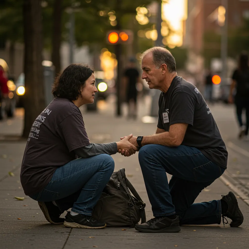 A ministry volunteer kneeling to speak eye-to-eye with a person on a city sidewalk