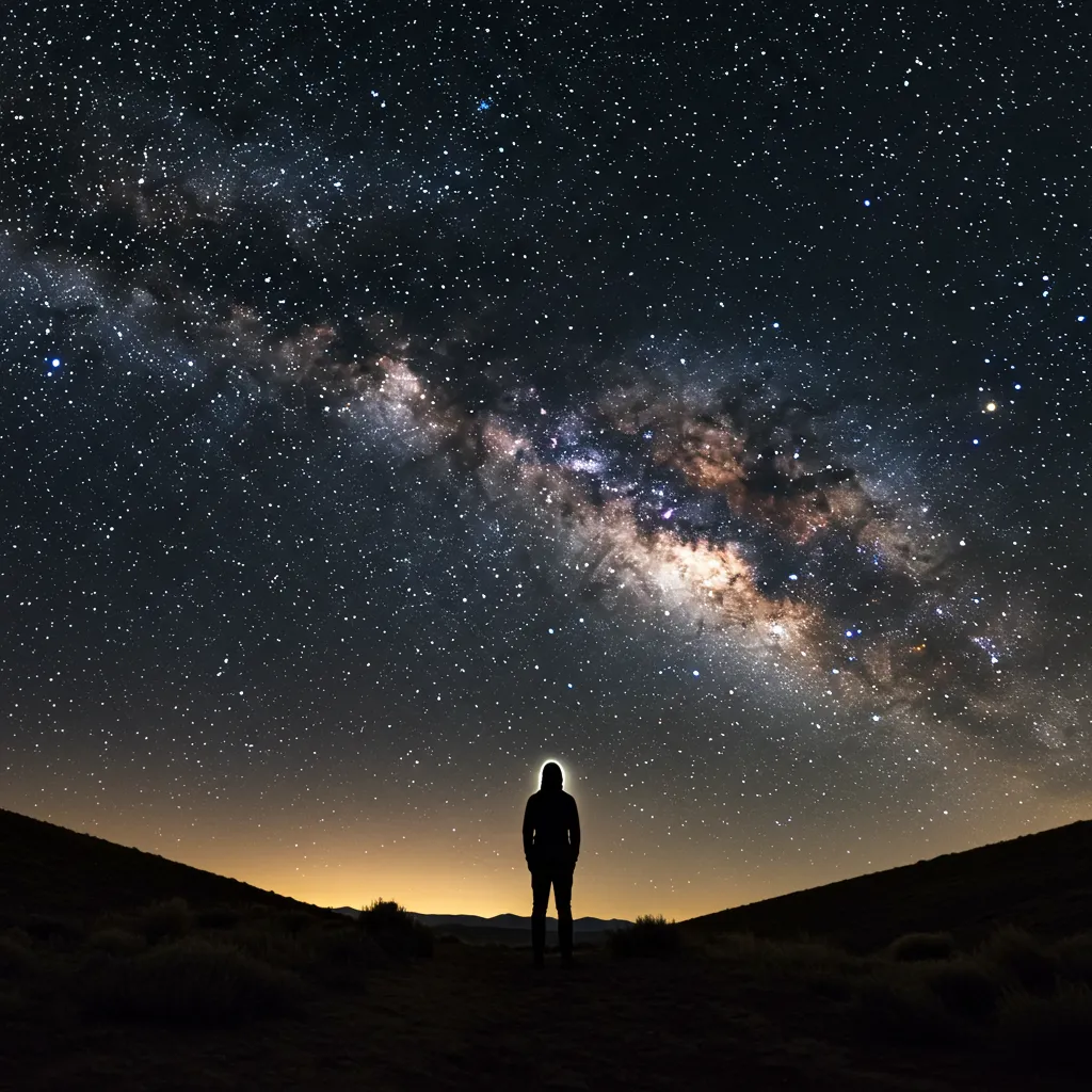 A small silhouetted figure standing beneath a vast star-filled night sky