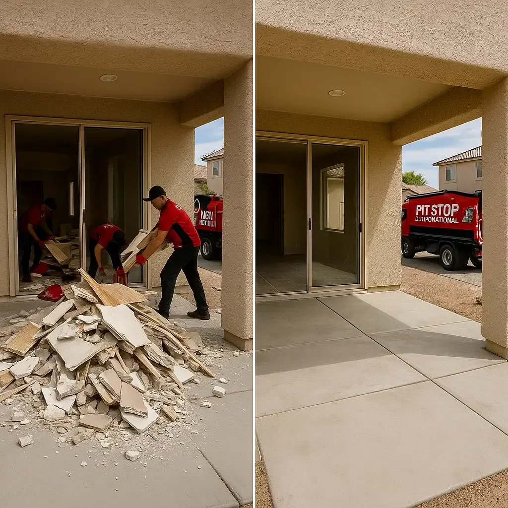 Before and after image of Pit Stop crew removing construction debris from a residential job site in Las Vegas