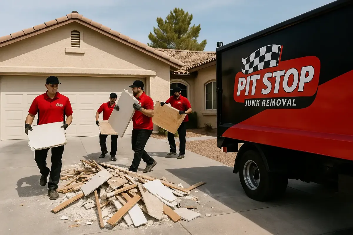 Crew loading construction debris into a truck after a home renovation in Las Vegas